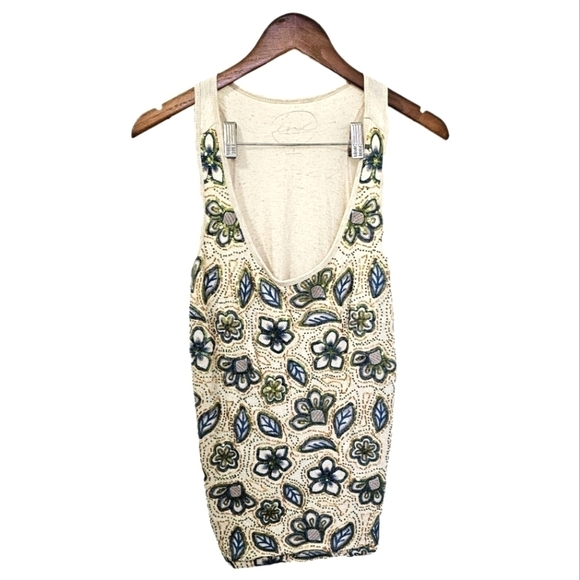 Tops - Floral boho embroidered beaded cream plunge neck tank top size small